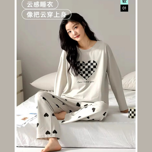 CHECKERED HEART PRINTED NIGHT DRESS FULL SLEEVES
